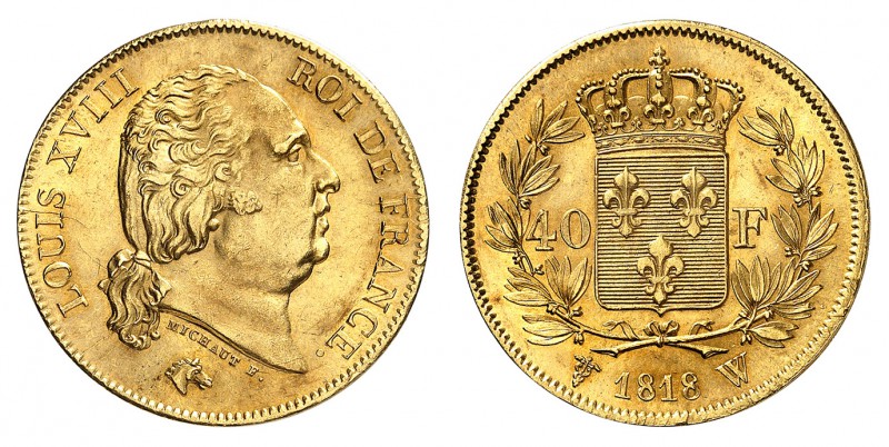 Epoque contemporaine 
Louis XVIII, 1814-1815 et 1815-1824. 
40 Francs 1818 W, ...