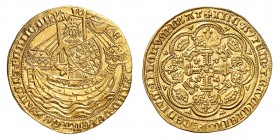 Edouard III, 1327-1377. 
Noble non daté (1356-1361), Londres (Tower mint). Le roi debout de face, à mi-corps dans une nef voguant à droite / Croix fe...