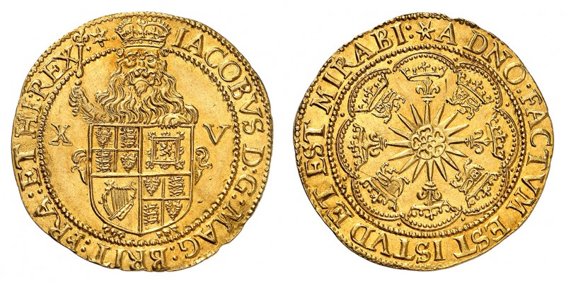 Jacques I, 1603-1625. 
Spur-Ryal non daté (1619-1620). Lion debout de face, ten...