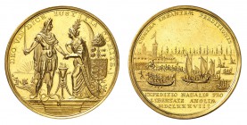 Jacques II, 1685-1688. 
Médaille satyrique en or commémorant le débarquement de Guillaume III d'Orange-Nassau à Torbay en 1688, par R. Arondeaux. Gui...