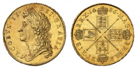Jacques II, 1685-1688. 
5 Guinées 1686, Londres. Buste lauré à gauche / Ecus couronnés d'Angleterre, d'Ecosse, de France et d'Irlande formant une cro...