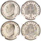 Paul I, 1947-1964. 
Lot de 2 monnaies : 1 Drachme et 50 Lepta 1954, Paris. ESSAIS en CUPRO-NICKEL sur FLANS BRUNIS. Tête nue à gauche. Inscription AN...