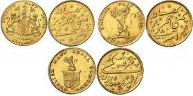 Madras
Présidence de Madras
Lot de 3 monnaies: Mohur 1819, Demi-Mohur 1819 et Tiers de Mohur 1820, Madras. Armoiries et lions / Inscription en persa...
