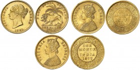 Période impériale
Victoria, 1858-1901. 
Lot de 3 monnaies: Mohur 1841, Mohur 1862 et Mohur 1877. 11,65g., 11,65g. et 11,63g. Fr. 1595a, 1598 et 1604...