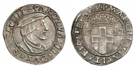 Savoie
Charles II, 1504-1553. 
Teston non daté, Bourg. Buste cuirassé et coiffé d'un béret à droite / Ecu de Savoie couronné, accosté de la devise F...