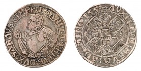 Savoie
Emmanuel-Philibert, 1553-1580. 
Tallero 1558, Vercelli. Buste cuirassé à gauche, tête nue / Croix feuillue cantonnée de quatre écussons. Ecu ...