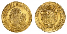 Savoie
Charles Emmanuel II, régence de Marie de Bourbon, 1638-1648. 
Multiple de 4 écus d'or 1640, Turin. Bustes accolés du duc et de sa mère. Date ...