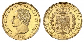 Piémont Sardaigne
Charles-Félix, 1821-1831.
80 Lire 1830 P, Gênes. Buste, tête nue, à gauche. Date au-dessous / Ecu couronné et collier de l'ordre d...