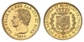 Piémont Sardaigne
Charles-Félix, 1821-1831.
80 Lire 1830 P, Gênes. Buste, tête nue, à gauche. Date au-dessous / Ecu couronné et collier de l'ordre d...