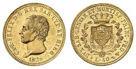 Piémont Sardaigne
Charles-Félix, 1821-1831.
40 Lire 1825 L, Turin. Buste, tête nue, à gauche. Date au-dessous / Ecu couronné et collier de l'ordre d...