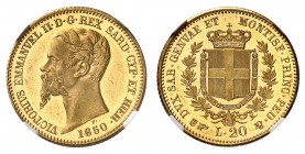 Piémont Sardaigne
Victor-Emmanuel II, 1849-1861. 
20 Lire 1850, Turin. FRAPPE sur FLAN BRUNI. Buste à gauche. Date au-dessous / Ecu couronné et coll...