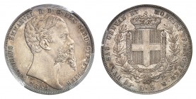 Piémont Sardaigne
Victor-Emmanuel II, 1849-1861. 
5 Lire 1854 B, Turin. Buste à droite. Date au-dessous / Ecu couronné et collier de l'Annonciade en...