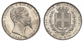 Piémont Sardaigne
Victor-Emmanuel II, 1849-1861. 
5 Lire 1856 B, Turin. Buste à droite. Date au-dessous / Ecu couronné et collier de l'Annonciade en...