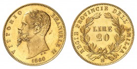 Royaume d'Italie
Victor-Emmanuel II, roi élu, 1859-1861.
20 Lire 1860 B, Bologne. FRAPPE d'aspect FLAN BRUNI. Tête nue à gauche. Date au-dessous / V...