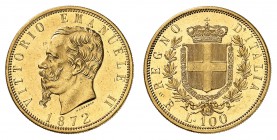 Royaume d'Italie
Victor-Emmanuel II, 1861-1878. 
100 Lire 1872 R, Rome. Tête nue à gauche. Nom du graveur au-dessous. Date à l'exergue / Ecu couronn...