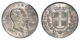 Royaume d'Italie
Victor-Emmanuel II, 1861-1878. 
5 Lire 1862 N, Naples. Tête nue à droite. Nom du graveur au-dessous. Date à l'exergue / Ecu couronn...
