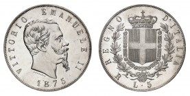 Royaume d'Italie
Victor-Emmanuel II, 1861-1878. 
5 Lire 1875 R, Rome. Tête nue à droite. Nom du graveur au-dessous. Date à l'exergue / Ecu couronné ...