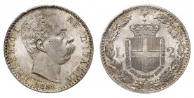 Royaume d'Italie
Umberto I, 1878-1900.
2 Lire 1899 R, Rome. Tête nue à droite. Nom du graveur au-dessous. Date à l'exergue / Ecu couronné et collier...