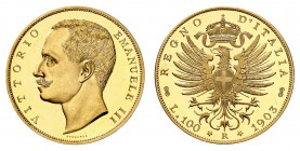 Royaume d'Italie
Victor-Emmanuel III, 1900-1946. 
100 Lire 1903 R, Rome. OR ROSE. Tête nue à gauche. Nom du graveur au-dessous / Ecusson sur une aig...
