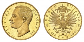 Royaume d'Italie
Victor-Emmanuel III, 1900-1946. 
100 Lire 1905 R, Rome. OR JAUNE. Tête nue à gauche. Nom du graveur au-dessous / Ecusson sur une ai...