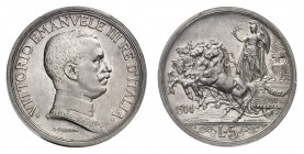 Royaume d'Italie
Victor-Emmanuel III, 1900-1946. 
5 Lire 1914 R, Rome. Buste du roi, portant le collier de l'Annonciade, à droite / L'Italie dans un...