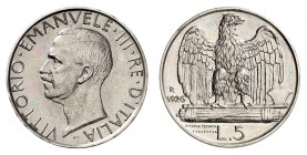 Royaume d'Italie
Victor-Emmanuel III, 1900-1946. 
5 Lire 1926 R, Rome. ESSAI en NICKEL par A. Bazzoni. Tête nue à gauche / Aigle aux ailes éployées,...
