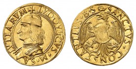Carmagnola
Louis II de Saluces, 1475-1504. 
Double Ducat non daté. Buste cuirassé et coiffé d'un béret à gauche / Ecu sur une aigle aux ailes éployé...