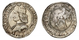 Carmagnola
Louis II de Saluces, 1475-1504. 
Cornuto ou Gros de 12 à 15 sous non daté. Buste cuirassé et coiffé d'un béret à gauche / Ecu couronné, s...