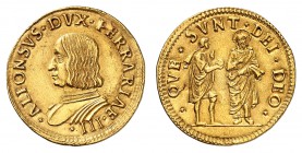 Ferrare
Alphonse I d'Este, 1505-1534. 
Double Ducat non daté. Buste cuirassé à gauche / Pharisien présentant une monnaie à Jésus. 6,91g. Bernareggi ...