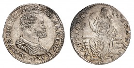 Florence
Cosme I de Médicis, 1555-1574. 
Teston 1565, Florence. Buste drapé et cuirassé à droite / Saint Jean-Baptiste assis de face et tenant une l...