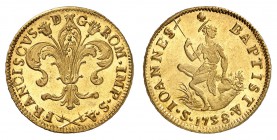 Florence
François III, 1737-1765. 
Ruspone 1758, Florence. Grande fleur de lis ornementée / Saint Jean-Baptiste assis à gauche, la tête à droite, te...