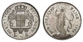 Gênes
Doges biennaux, 1528-1797. 
8 Lire 1796, Gênes. Armoiries couronnées flanquées de deux griffons, valeur au-dessous / Saint Jean-Baptiste bénis...