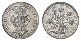 Livourne
Cosme III de Médicis, 1670-1723. 
Pezza della rosa 1707, Livourne (Florence). Armoiries couronnées des Médicis. Date au-dessous / Deux rosi...