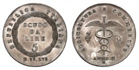 Lombardie
République italienne, 1802-1805. 
5 Lire An II (1803) M, Milan. ESSAI en ARGENT. Valeur dans une couronne de blé / Caducée ailé entre une ...