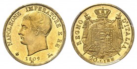 Lombardie
Napoléon I roi d'Italie, 1805-1814.
20 Lire 1809 M, Milan. Tête nue de Napoléon à gauche. Date au-dessous / Armoiries sur une aigle tenant...