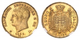 Lombardie
Napoléon I roi d'Italie, 1805-1814.
20 Lire 1811 M, Milan. FRAPPE sur FLAN BRUNI. Tête nue de Napoléon à gauche. Date au-dessous / Armoiri...