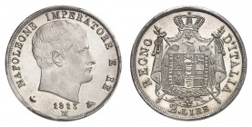 Lombardie
Napoléon I roi d'Italie, 1805-1814.
2 Lire 1813 M, Milan. Tête nue de Napoléon à droite. Date au-dessous / Armoiries sur une aigle tenant ...