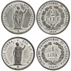 Lombardie
Gouvernement provisoire, 1848. 
Paire d'ESSAIS en ETAIN : 2 et 1 Lire 1848 M, Milan. Valeur dans une couronne de laurier et de chêne. Date...