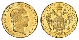 Lombardo-Vénétie
Ferdinand I, 1835-1848. 
Ducat 1839 V, Venise. Tête laurée à droite. Lettre d'atelier au-dessous / Armoiries entourées du collier d...