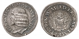 Mantoue
François II Gonzague, 1484-1519. 
Teston non daté. Buste cuirassé à gauche / Creuset rempli de barres d'or et entouré de flammes. 9,23g. CNI...