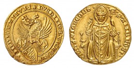 Milan
Luchino et Giovanni Visconti, 1339-1349. 
Florin non daté. Ecu surmonté d'un heaume à cimier / Saint Ambroise assis de face, bénissant de la m...
