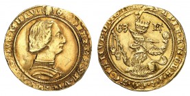 Milan
Galeazzo Maria Sforza, 1466-1476. 
Double Ducat non daté (1469). Buste cuirassé, tête nue, à droite / Lion coiffé d'un heaume à cimier, couché...