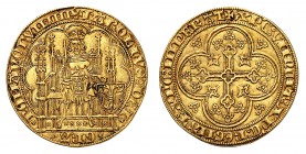 Charles IV, 1355-1378. 
Chaise d'or non datée (1355-56), Anvers. Charles IV assis de face sur une chaise gothique, une épée dans la main droite et la...