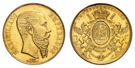 Maximilien, 1864-1867. 
20 Pesos 1866 Mo, Mexico. Tête nue à droite / Armoiries couronnées, disposées sur un sceptre et une épée et flanquées de deux...