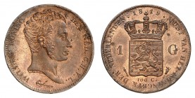 Willem I, 1815-1840. 
1 Gulden 1819. ESSAI en CUIVRE. Tête nue du roi à droite / Ecu couronné. Valeur de part et d'autre. Tranche inscrite en creux. ...