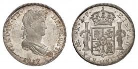 Ferdinand VII, 1808-1833. 
8 Reales 1817 JP, Lima. Buste lauré et drapé à droite. Date au-dessous / Ecu couronné entre les colonnes d'Hercule. Tranch...