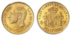 Alphonse XII, 1874-1885. 
4 Pesos 1882. Tête nue du roi à gauche. Date au-dessous / Ecu couronné entre les colonnes d'Hercule. Valeur de part et d'au...