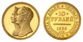 Nicolas I, 1825-1855. 
10 Roubles 1836, Saint-Pétersbourg. ESSAI en OR par GUBE. Bustes accolés du tsar et de la tsarine à gauche. Nom du graveur sur...