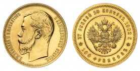 Nicolas II, 1894-1917. 
37,5 Roubles en or 1902. Tête nue de Nicolas II à gauche / Aigle impériale couronnée, portant l'écusson de Moscou et le colli...
