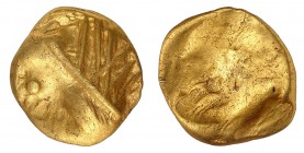 Helvètes
Statère d'or 3e s. av. J.C. "Freiburger Typ". Tête masculine barbarisée à gauche, l'œil indiqué par un globule, les cheveux par des lignes h...